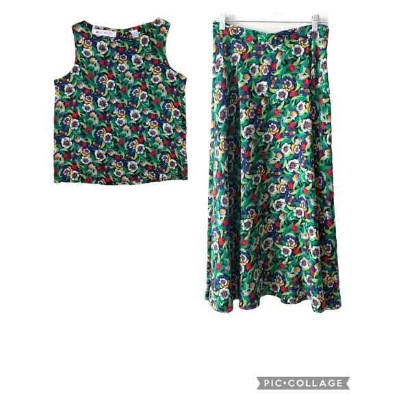 Vintage Ms Chaus Green Floral Boho 2 Piece Casual Top and Skirt Set Size 8 - Picture 2 of 11